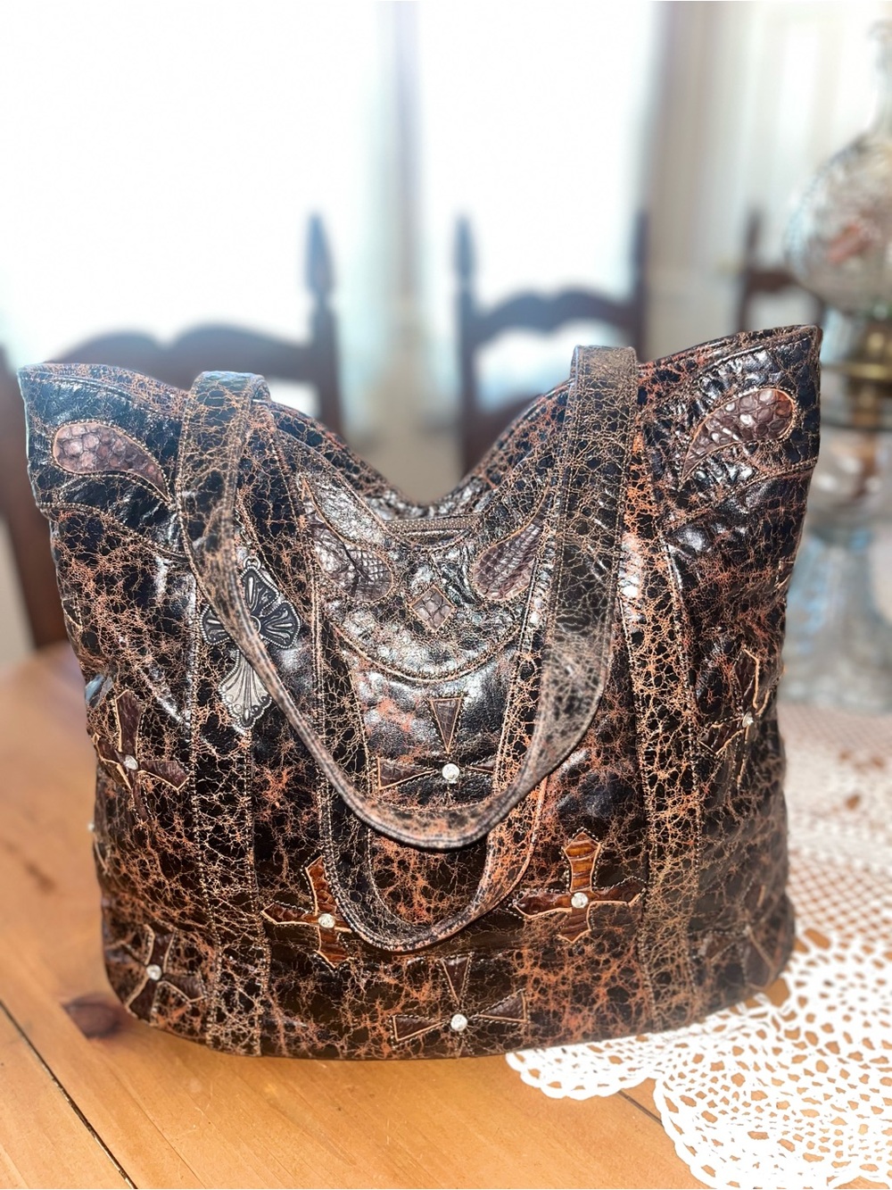 Corral Women’s Distressed Brown Leather Tote Bag with Cross Accent - Picture 9 of 12